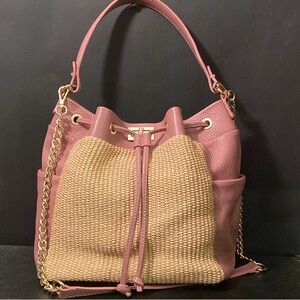 Unica Firenze Genuine Leather Faux Straw Bucket Purse “Blush style g13”